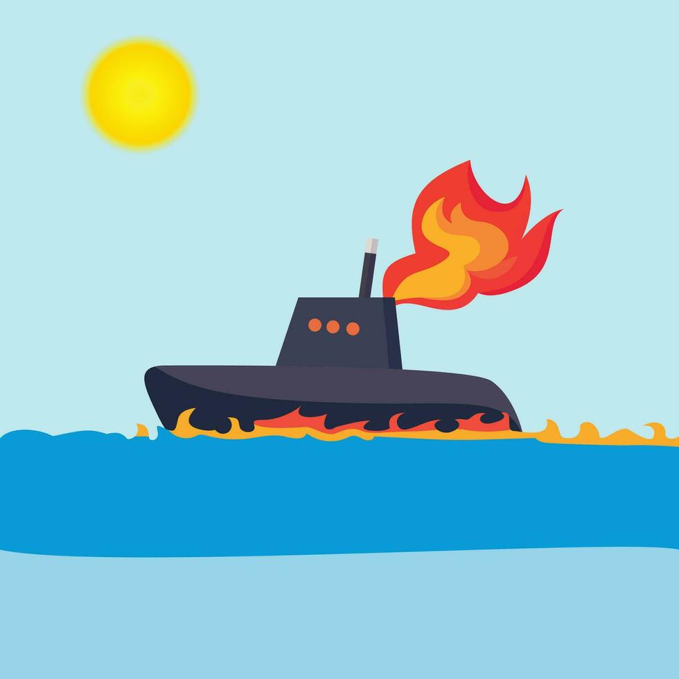 burning submarine on water vector illustration, underwater craft on fire flat style vector illustration, nuclear submarine accident stock vector