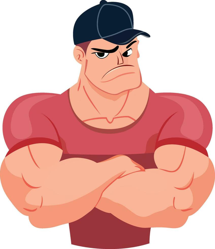 stereotypical male bully crossed hands on chest with a scowl and a cruel smirk flat style vector illustration,  Bodybuilder with wearing a red t shirt and a black hat stock vector image