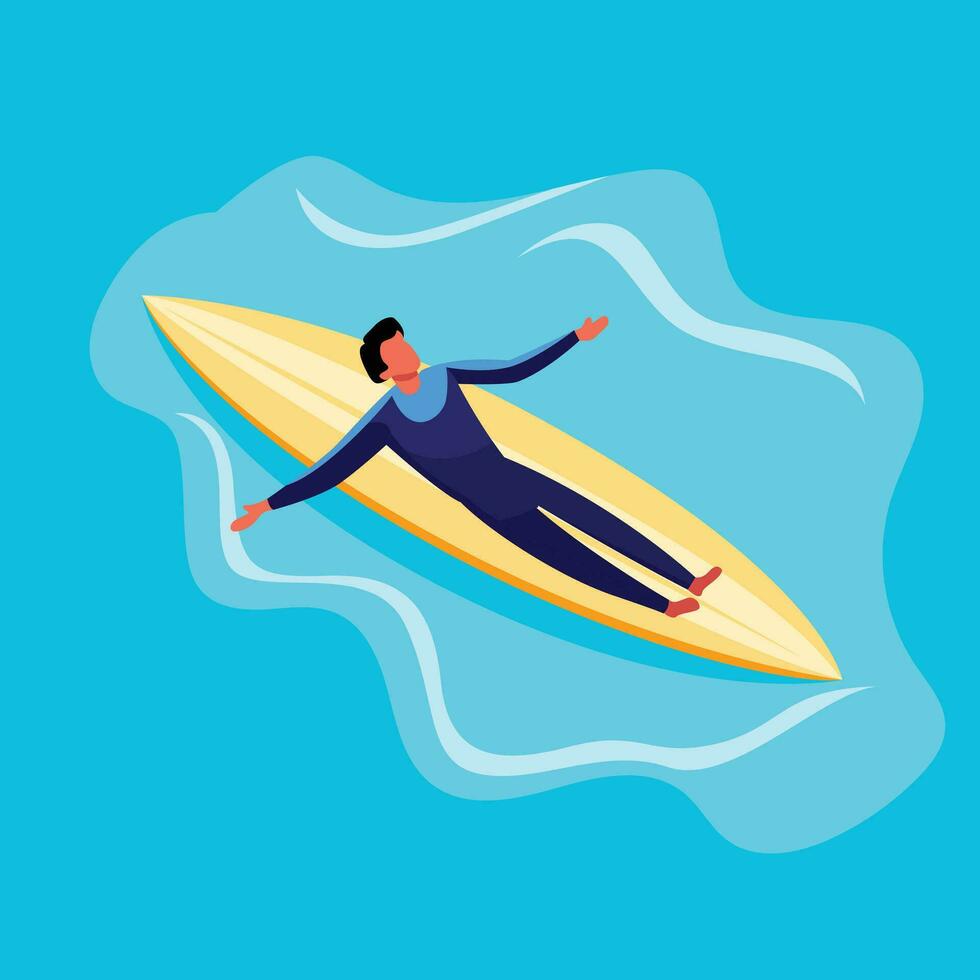 hombre flotante en tabla de surf en Oceano plano estilo vector ilustración, hombre en un mojado traje flotante en un Levántate paleta tablero en el mar valores vector imagen