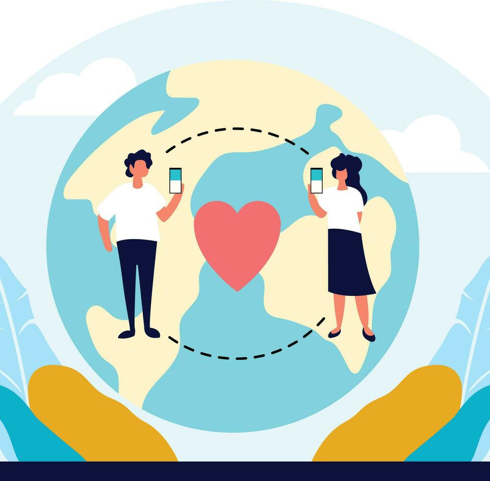 long distance relationship concept flat style vector illustration, Long distance couple communicating through mobile device , globe in the background flat style stock vector image