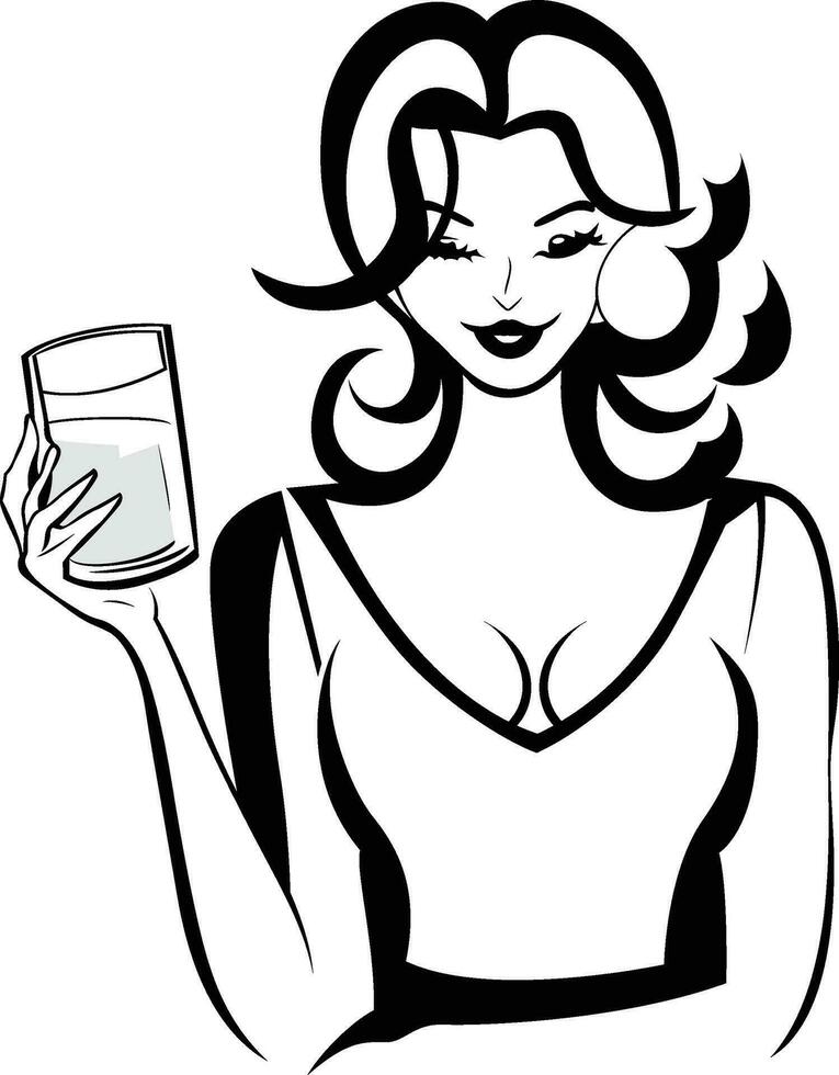 joven mujer Bebiendo, dama teniendo un bebida negro y blanco sencillo estilo vector ilustración, joven niña con un vaso de espíritu bebida vector imagen