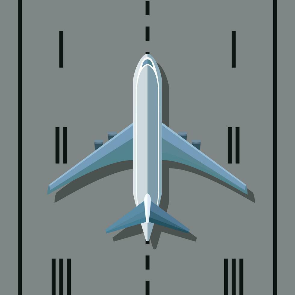 Passenger Commercial Airplane top view flat style vector illustration, Airplane on runway top view , airplane taking off or landing simple style stock vector image