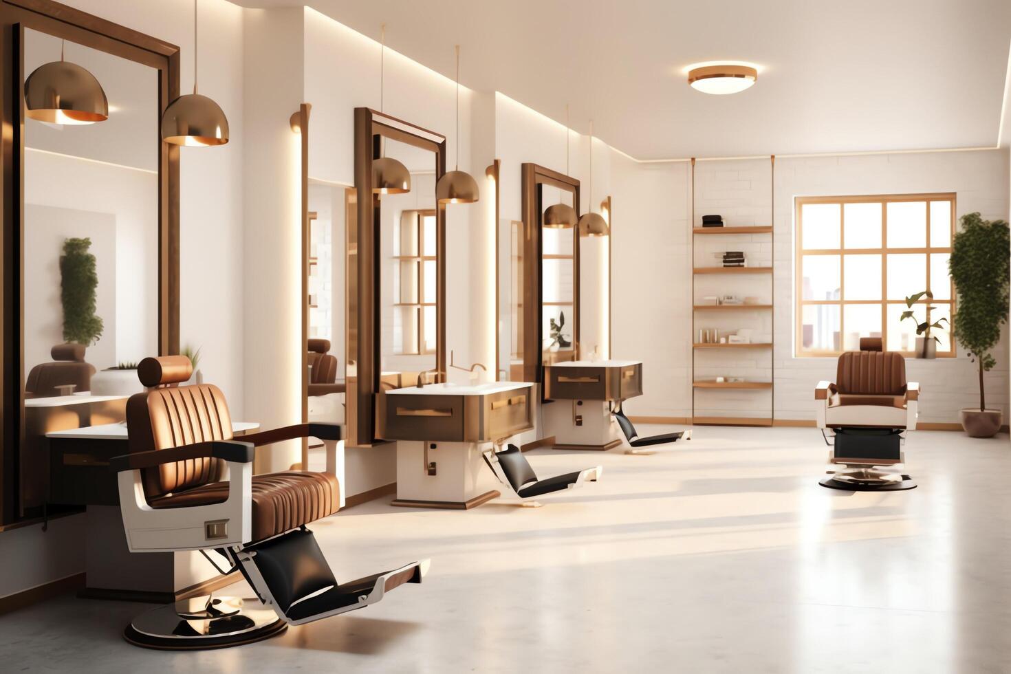Modern barbershop interior with mirrors chair and other equipment near windows. Chairs in barbershop concept by photo