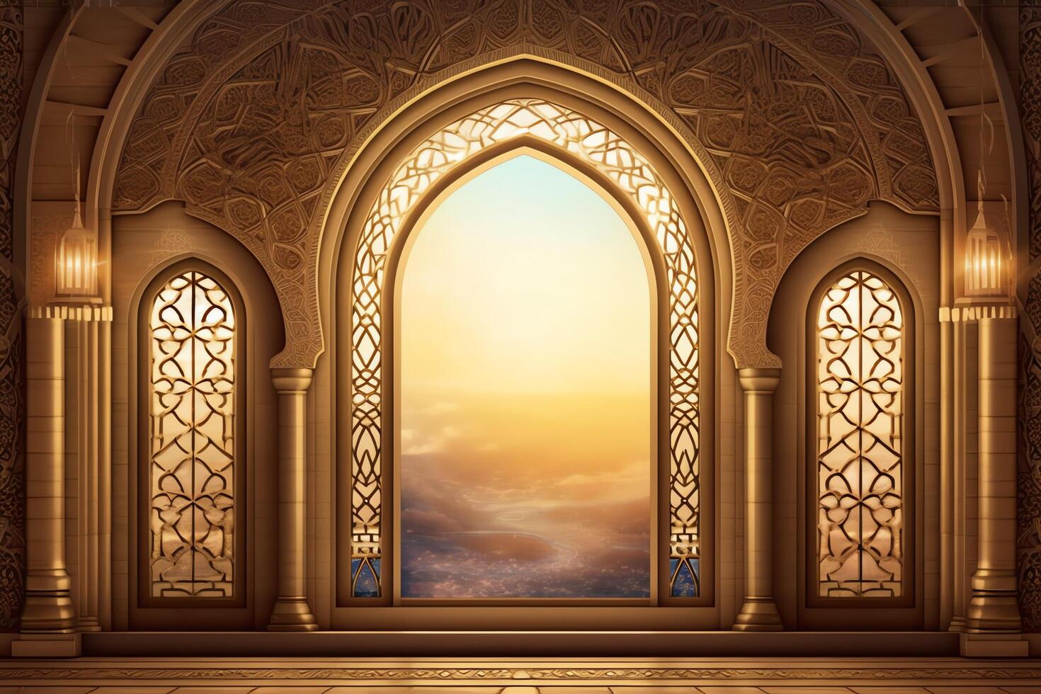 Eid mubarak and ramadan kareem greetings with islamic lantern and mosque. Eid al fitr background. Eid al fitr background of window concept by photo