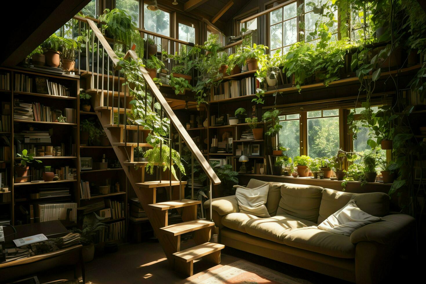 Garden or giant plant overgrowing of apartment inside. Style of living room design with green wallconcept by AI Generated photo