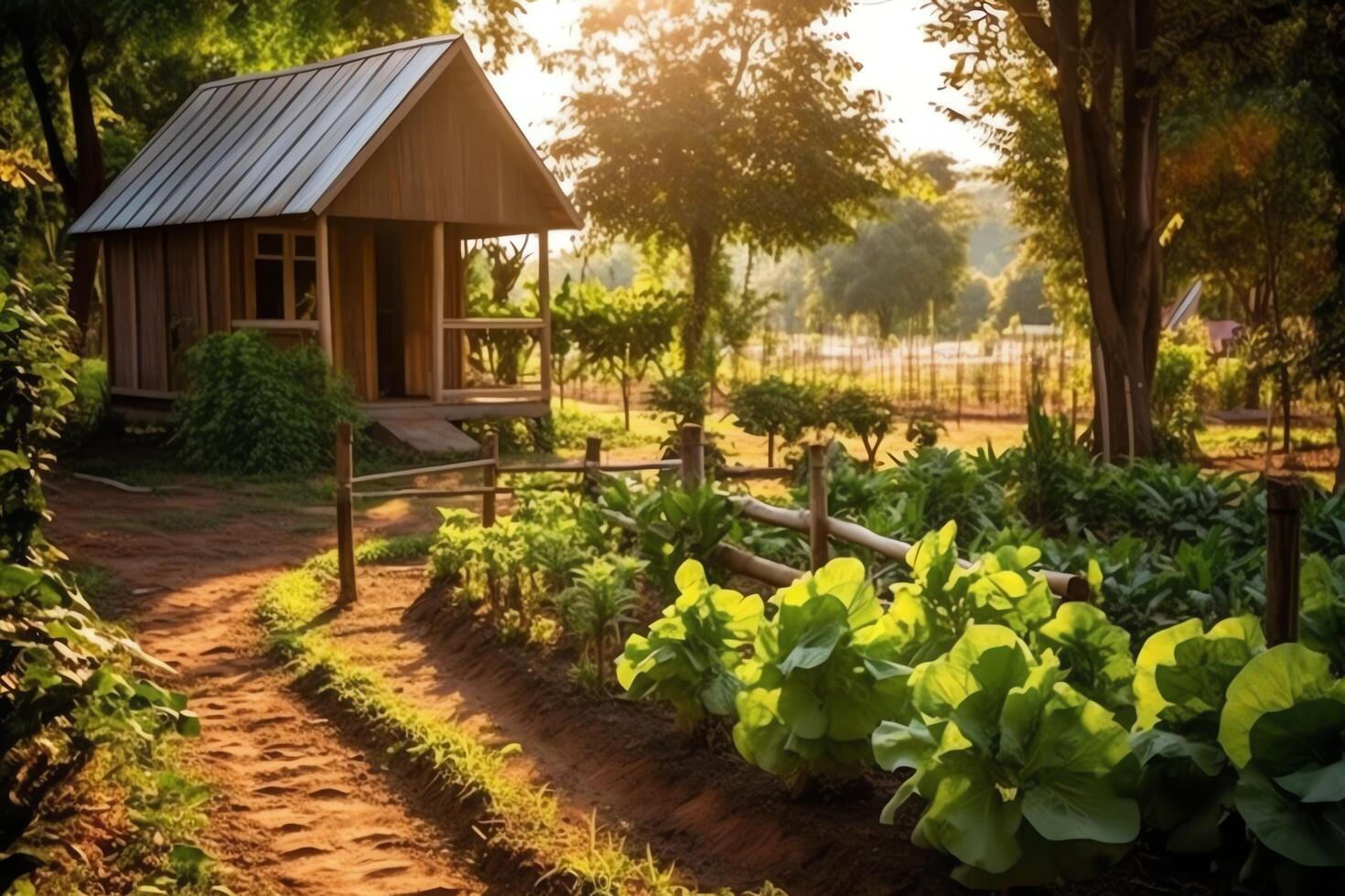 Wooden house in village with plants and flowers in backyard garden. Garden and flower on rural house concept by AI Generated photo