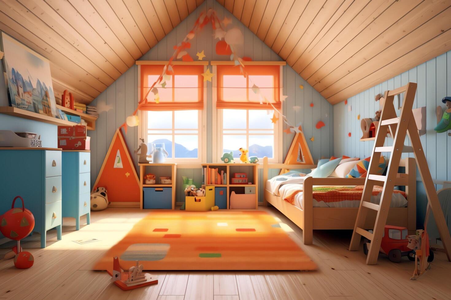 Modern child bedroom interior design in house with decoration children. Colorful children bedroom concept by photo