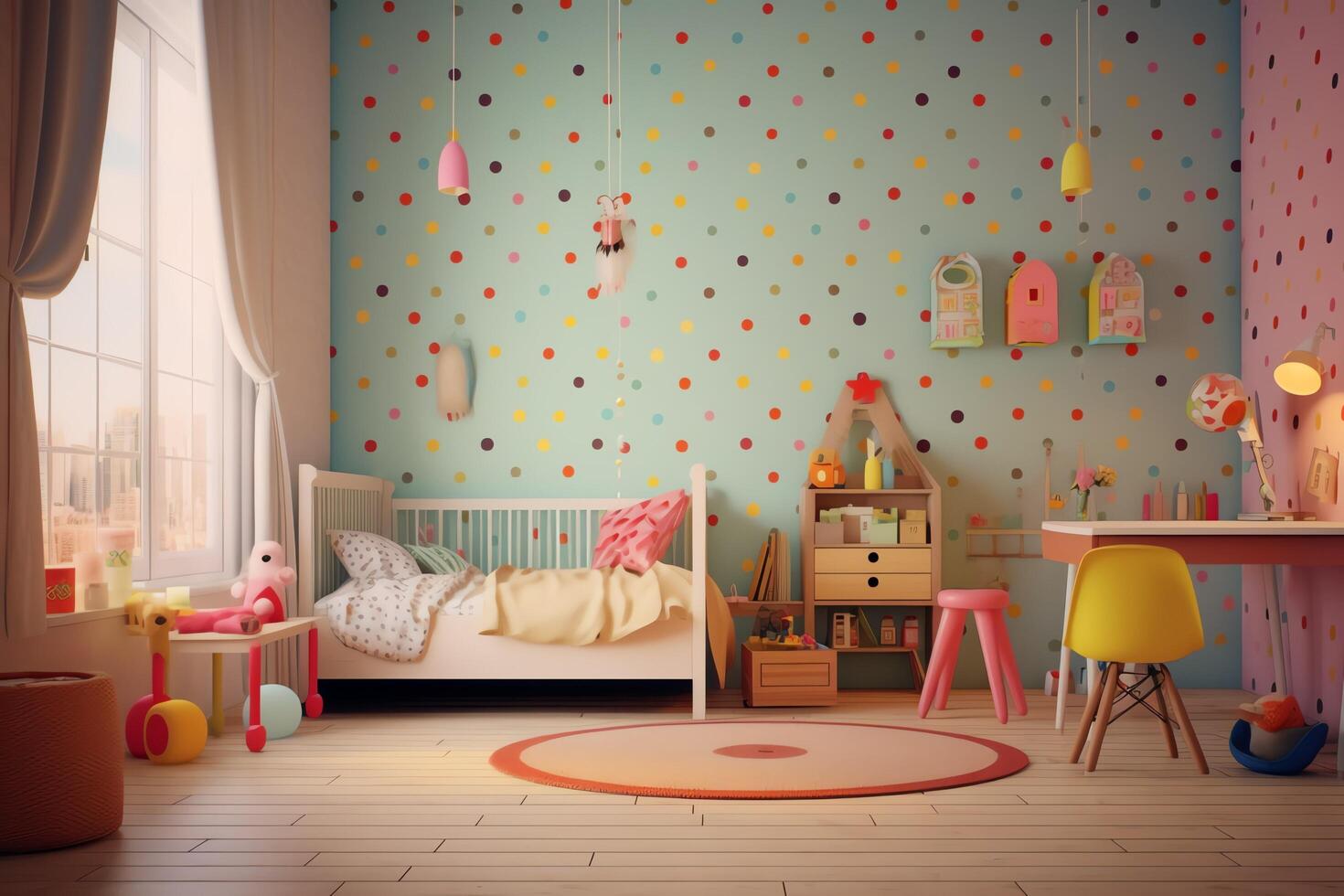 Modern child bedroom interior design in house with decoration children. Colorful children bedroom concept by AI Generated photo