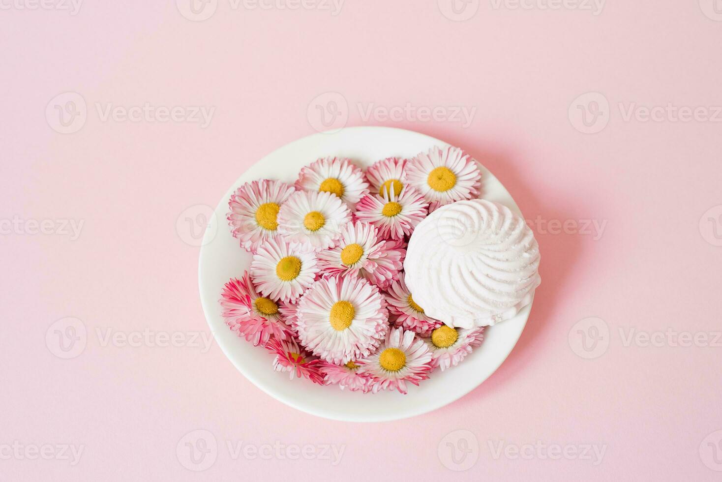 Creative composition. Flowers daisies and marshmallows on a plate with copy space photo