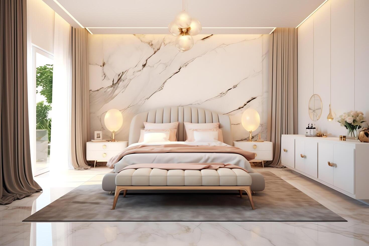 Modern bedroom interior design in apartment or house with furniture. Luxury bedroom scandinavian concept by AI Generated photo