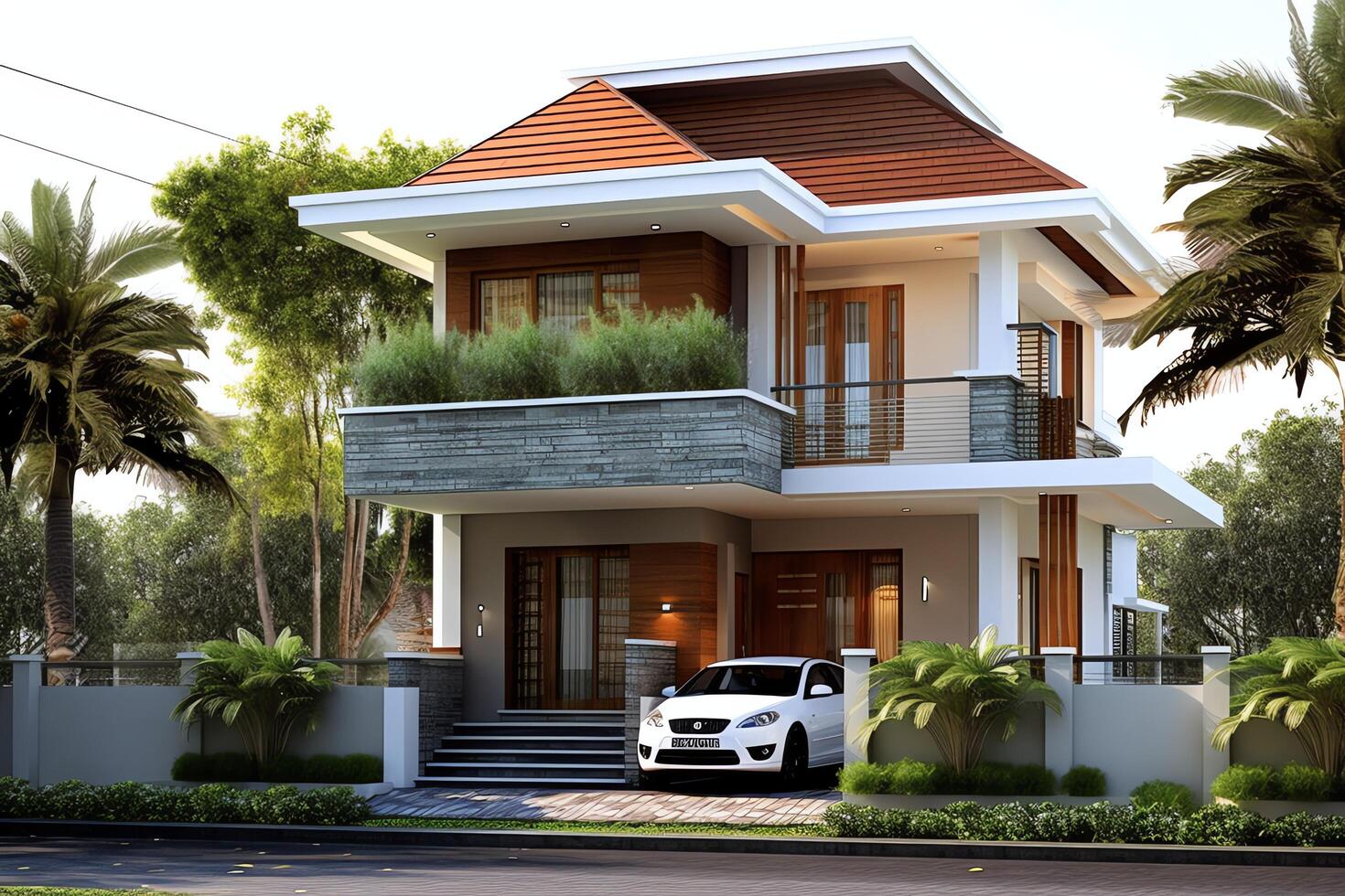Beautiful modern house exterior with carport. Modern residential district and minimalist building concept by photo