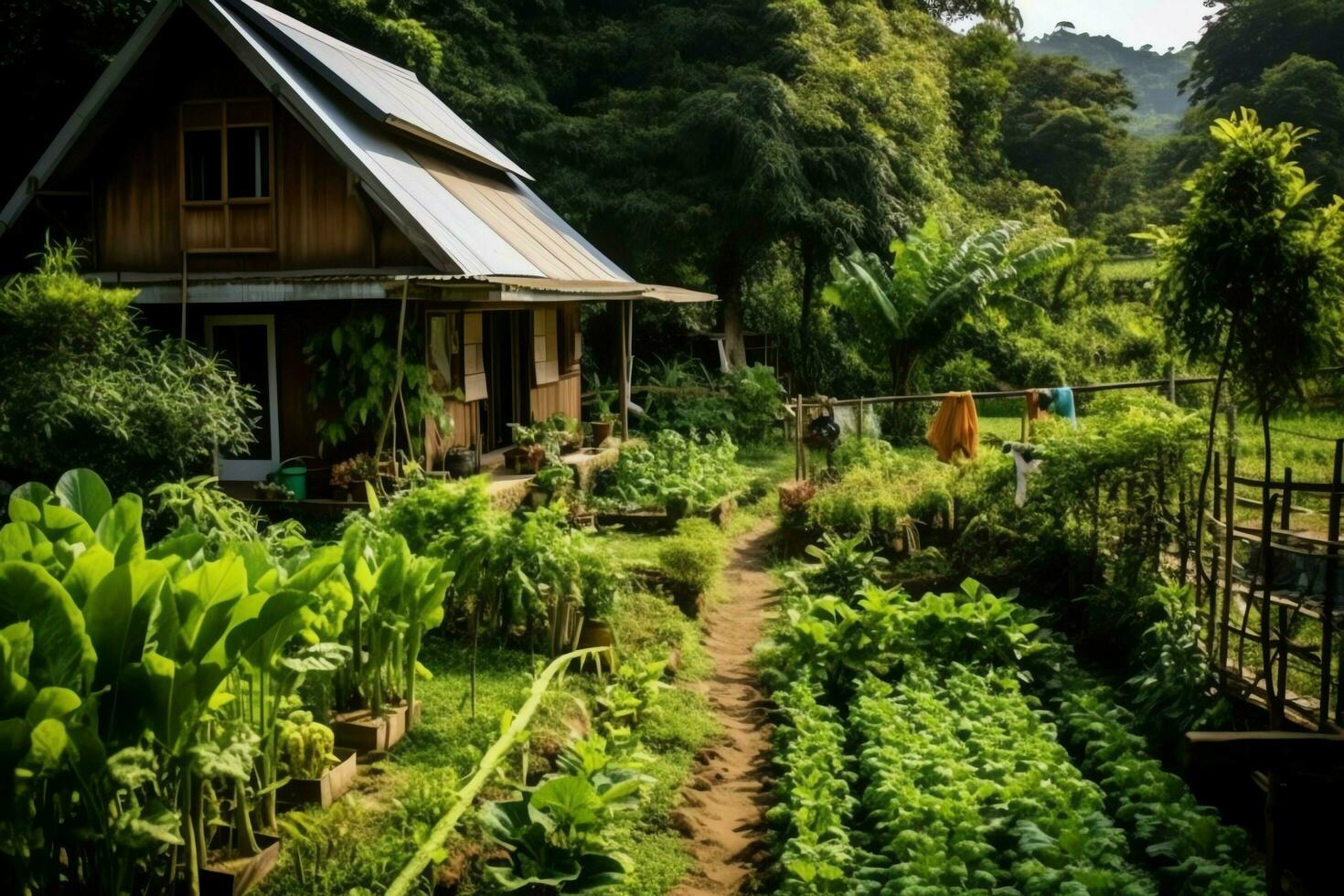 Wooden house in village with plants and flowers in backyard garden. Garden and flower on rural house concept by AI Generated photo