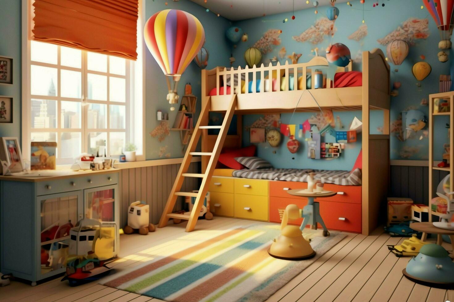 moderno niño dormitorio interior diseño en casa con decoración niños. vistoso niños dormitorio concepto por ai generado foto