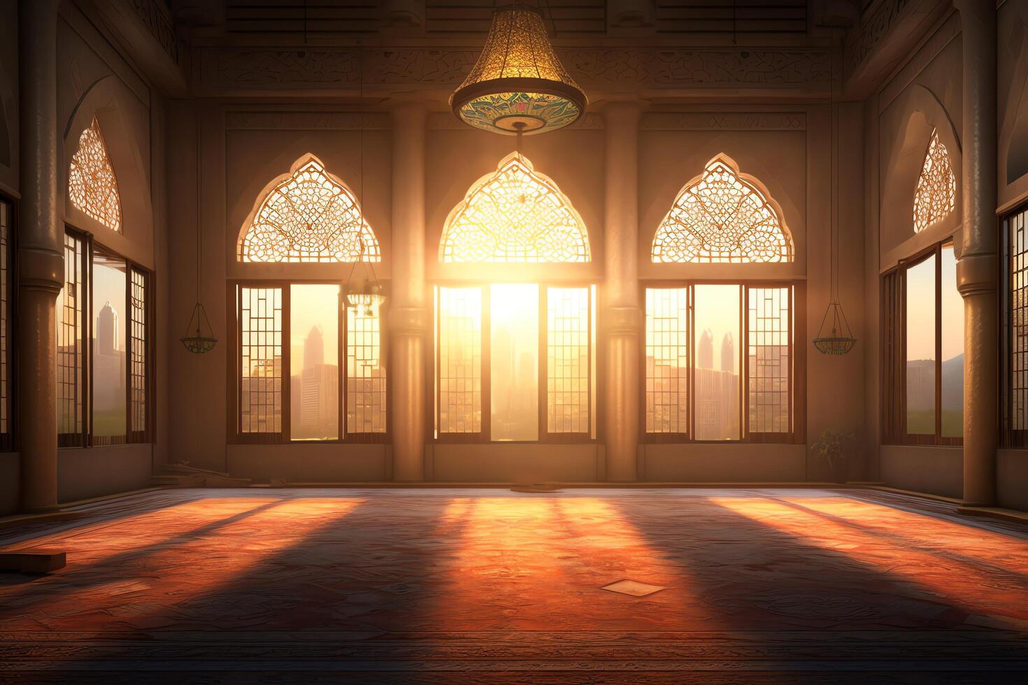Eid mubarak and ramadan kareem greetings with islamic lantern and mosque. Eid al fitr background. Eid al fitr background of window concept by photo