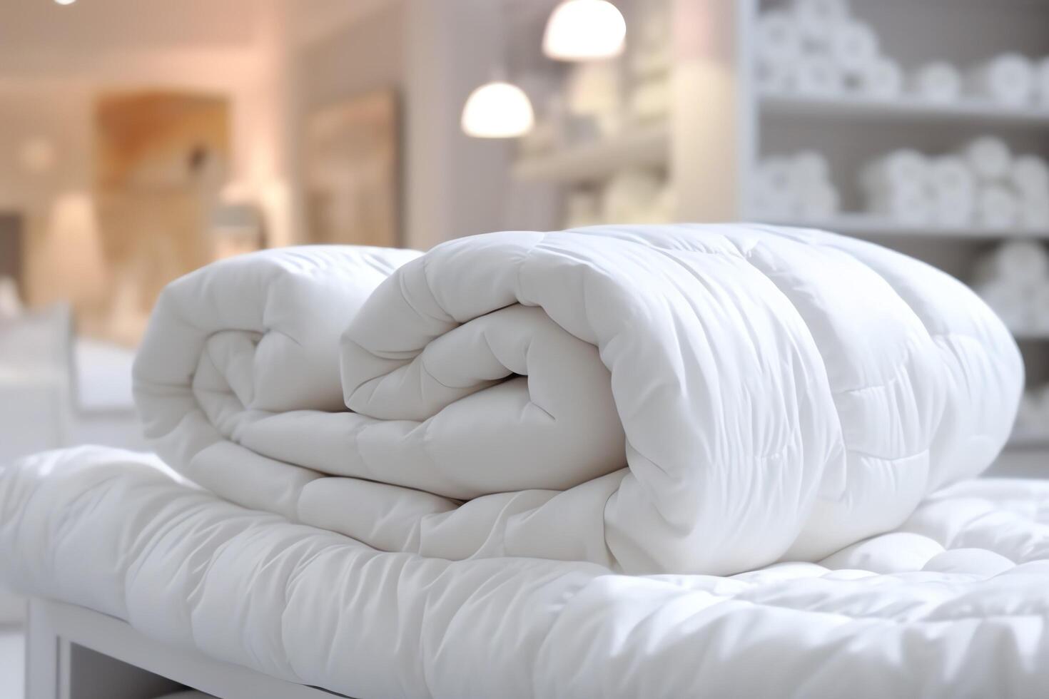Beautiful luxury comfortable white pillow and blanket on bed decoration. Luxury white down comforter concept by photo