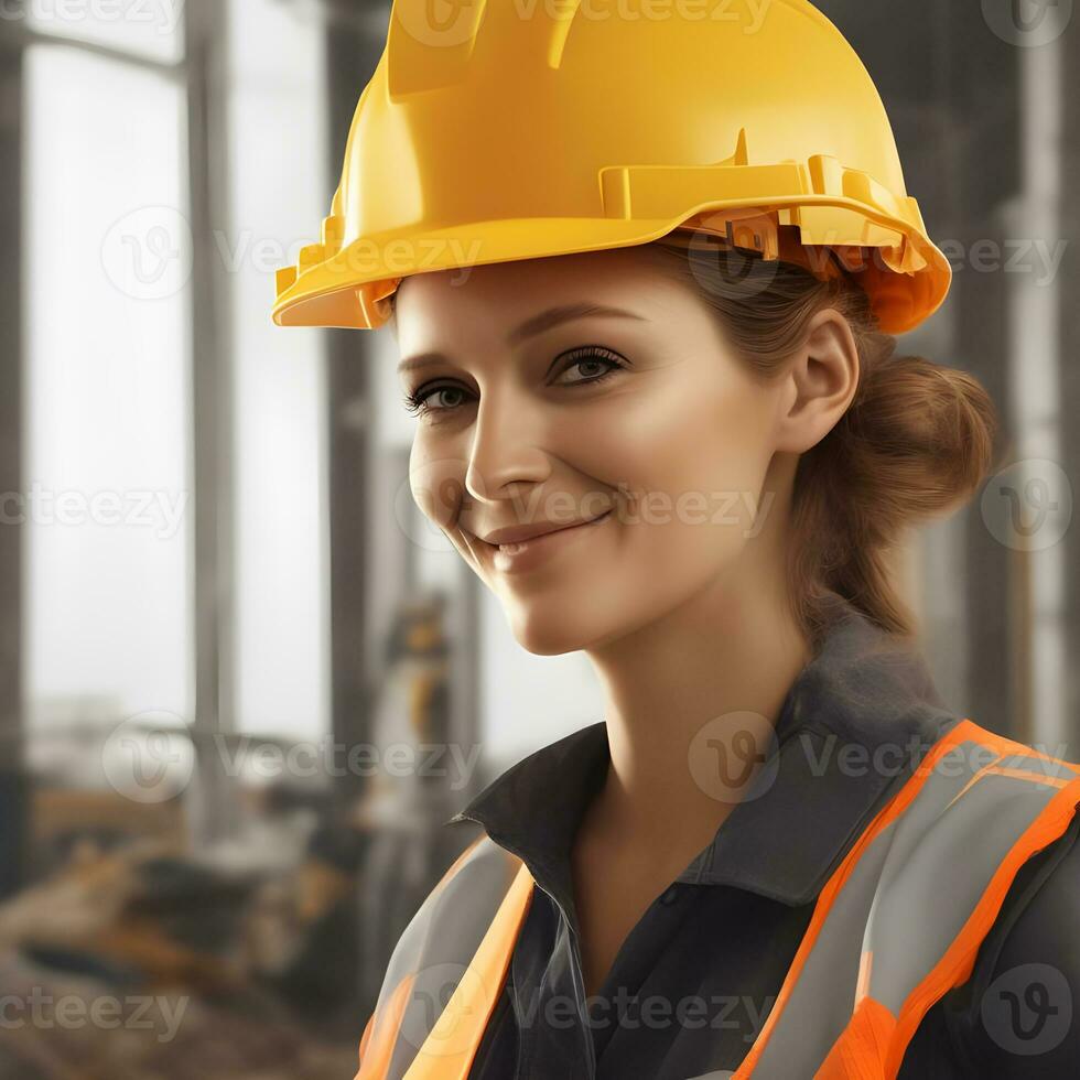 Woman engineer working on a construction site, construction hard hat and work vest.Generative AI. photo