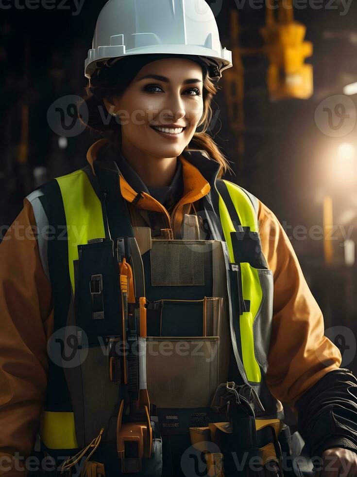 mujer ingeniero trabajando en un construcción sitio, construcción difícil sombrero y trabajo chaleco.generativo ai. foto