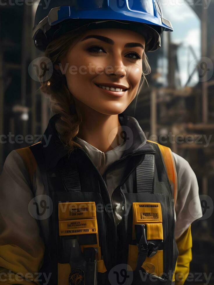 Woman engineer working on a construction site, construction hard hat and work vest.Generative AI. photo