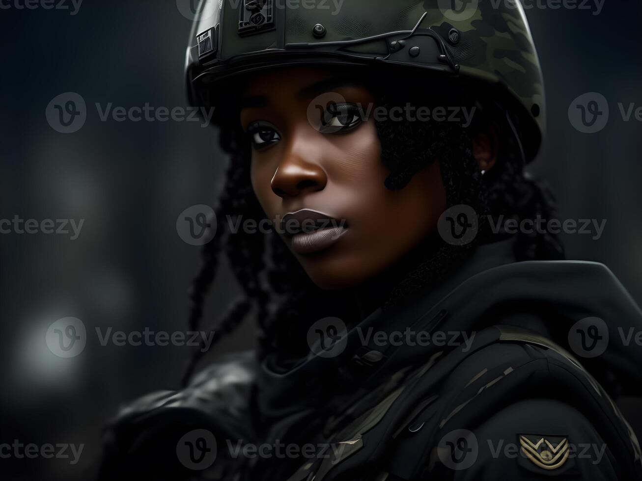 Black woman wearing military uniform including camouflage fatigues and a helmet. . photo