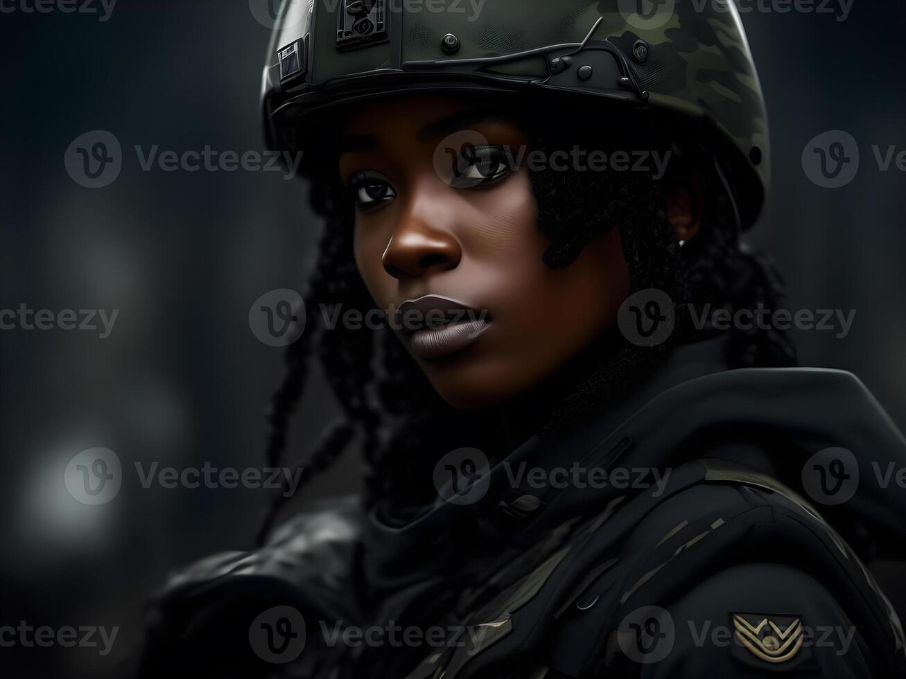 Black woman wearing military uniform including camouflage fatigues and a helmet. Generative AI. photo