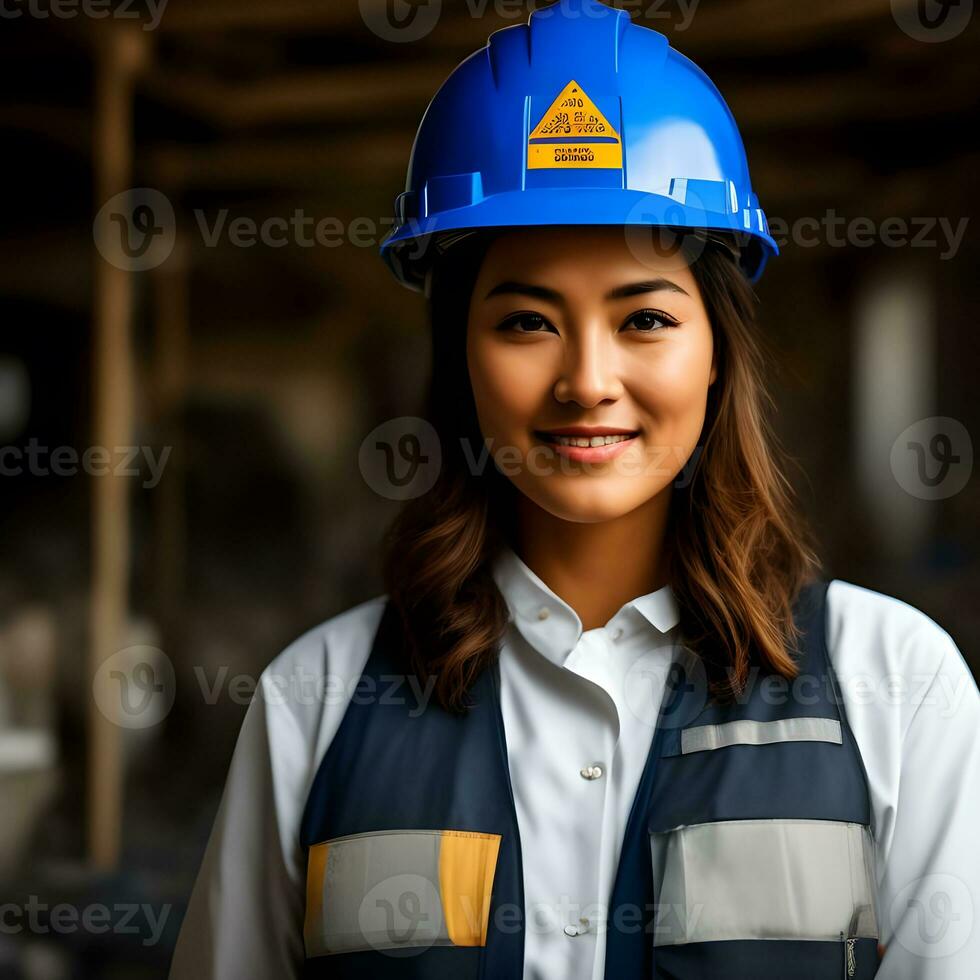 mujer ingeniero trabajando en un construcción sitio, construcción difícil sombrero y trabajo chaleco.generativo ai. foto