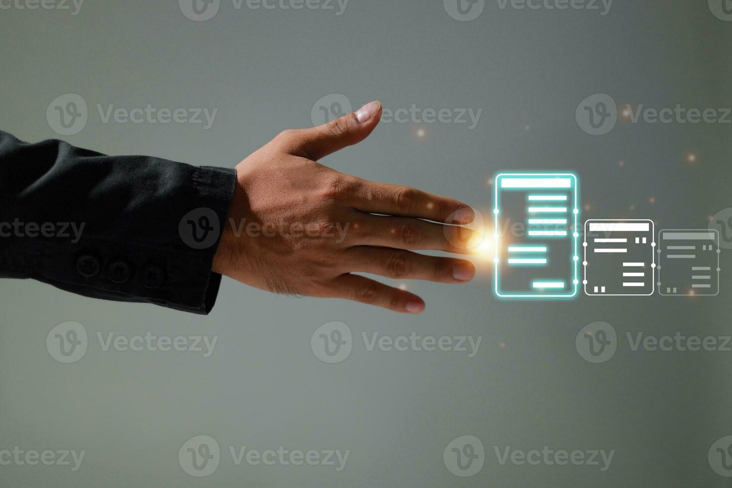 Online business digital document management, paperless office, signing business contract concept. photo