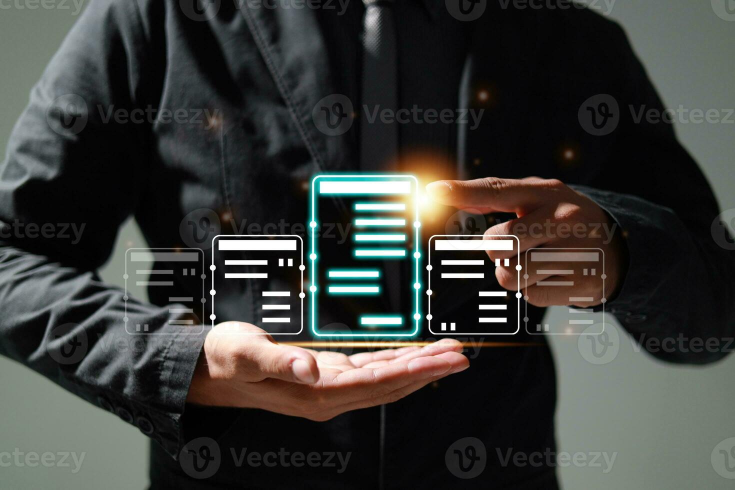 Online business digital document management, paperless office, signing business contract concept. photo
