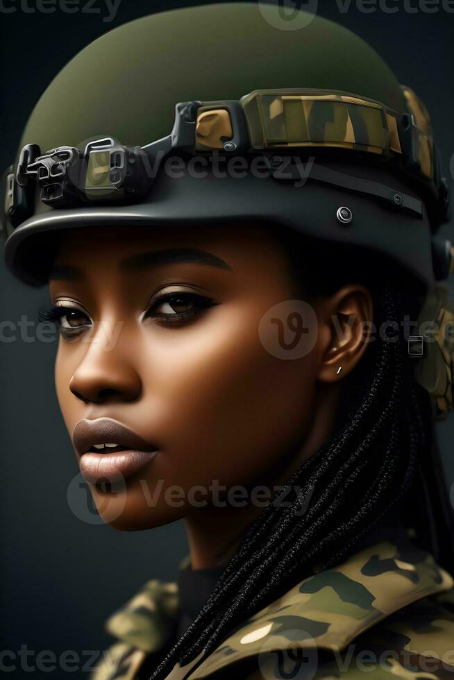 Black woman wearing military uniform including camouflage fatigues and a helmet. Generative AI. photo