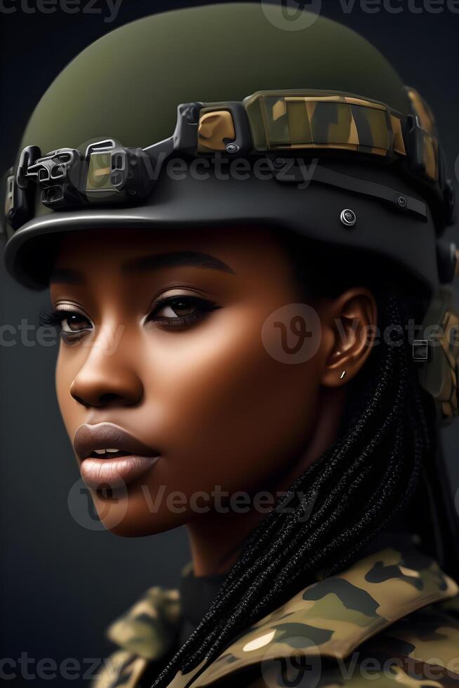 Black woman wearing military uniform including camouflage fatigues and a helmet. . photo