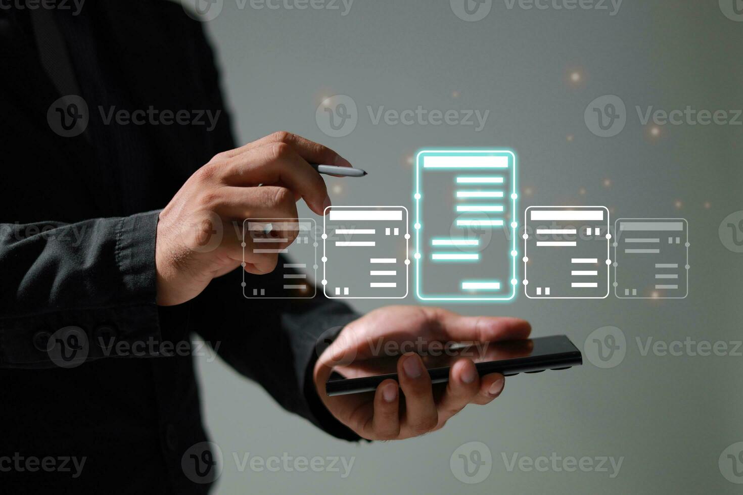 Online business digital document management, paperless office, signing business contract concept. photo