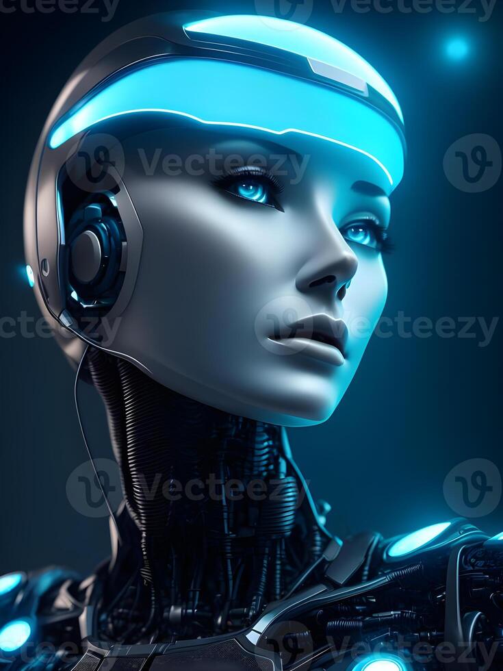 Robot half face mechanical that looks like, wires of the super detailed and intricate in the future. . photo