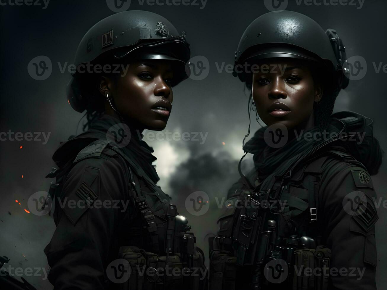 Black woman wearing military uniform including camouflage fatigues and a helmet. Generative AI. photo