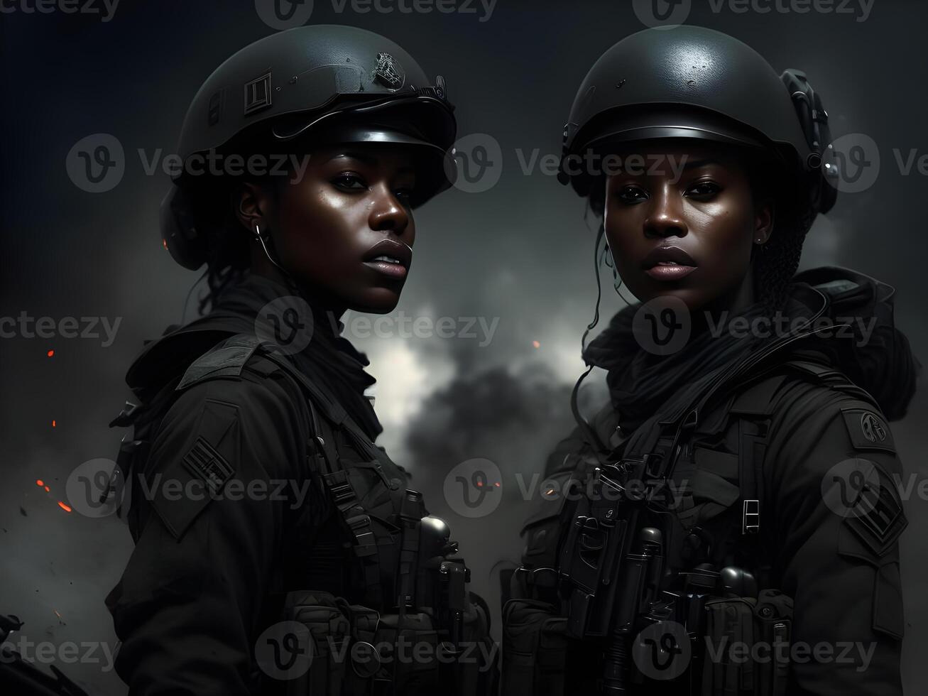 Black woman wearing military uniform including camouflage fatigues and a helmet. . photo