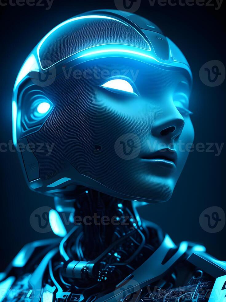 Robot half face mechanical that looks like, wires of the super detailed and intricate in the future. . photo