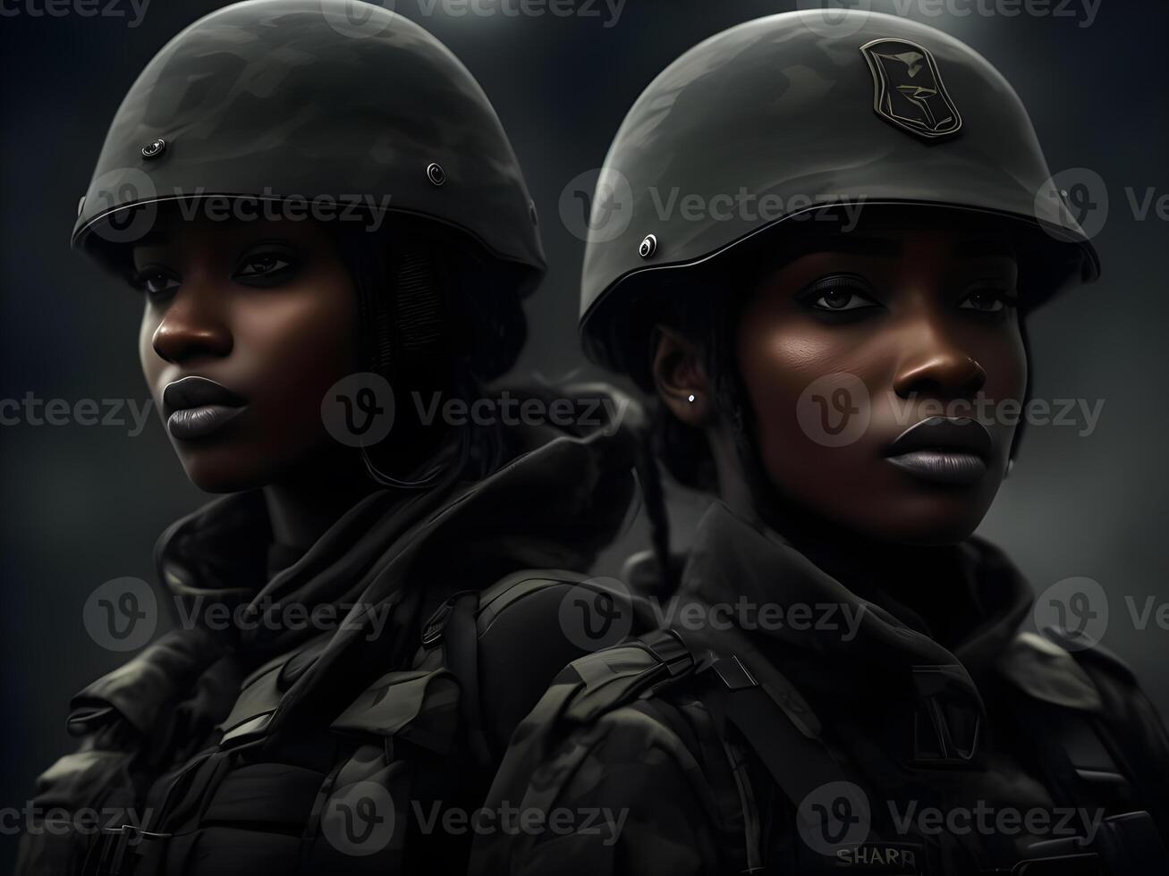 Black woman wearing military uniform including camouflage fatigues and a helmet. . photo