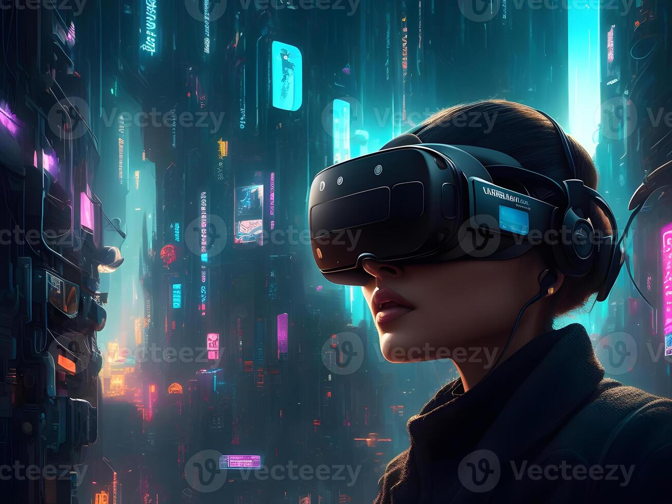 Futuristic Exploration people wear in VR Glasses technology Glimpsing into a Digital cyber space Future World. . photo