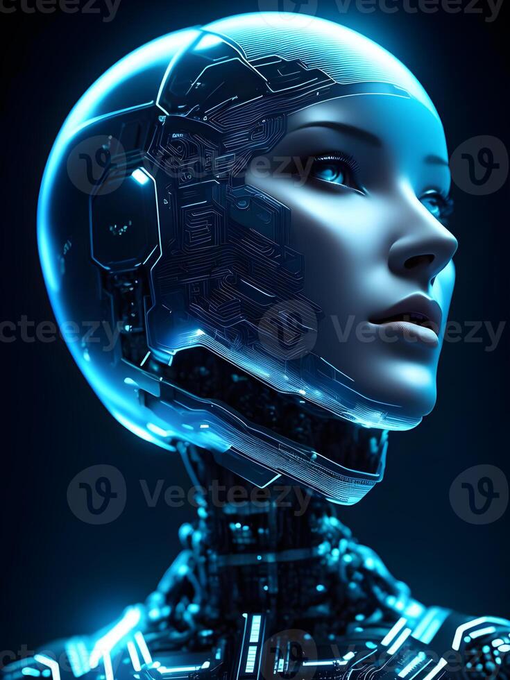 Robot half face mechanical that looks like, wires of the super detailed and intricate in the future. . photo