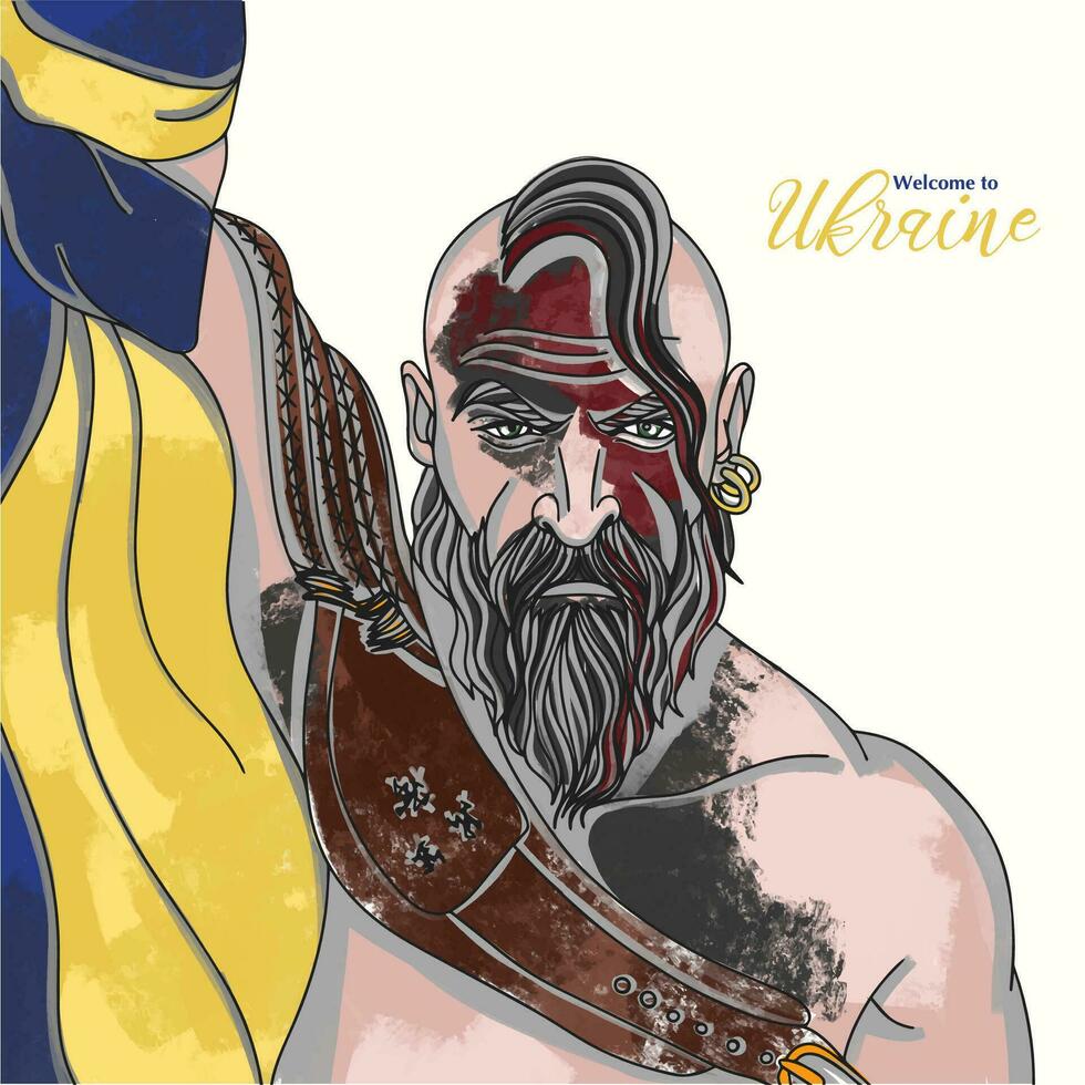 Graphic drawing of Ukrainian Cossack, welcome to Ukraine, hand lettering vector