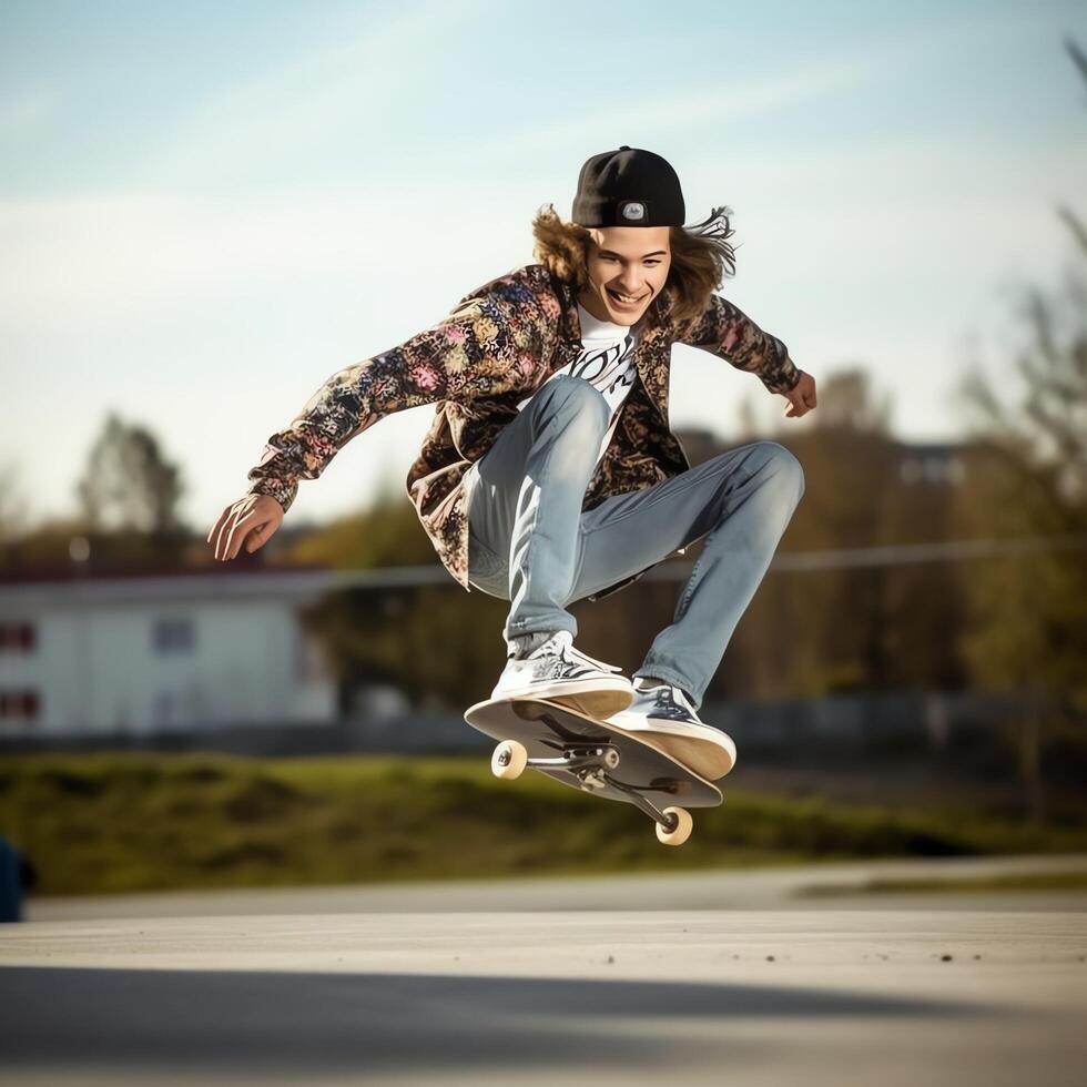 A caucasian man doing tricks or jumping on a skateboard at the street. Young man with skater jumping concept by photo