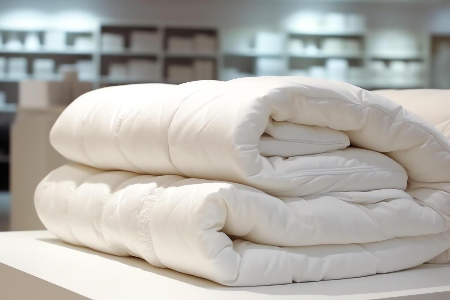 Beautiful luxury comfortable white pillow and blanket on bed decoration. Luxury white down comforter concept by photo