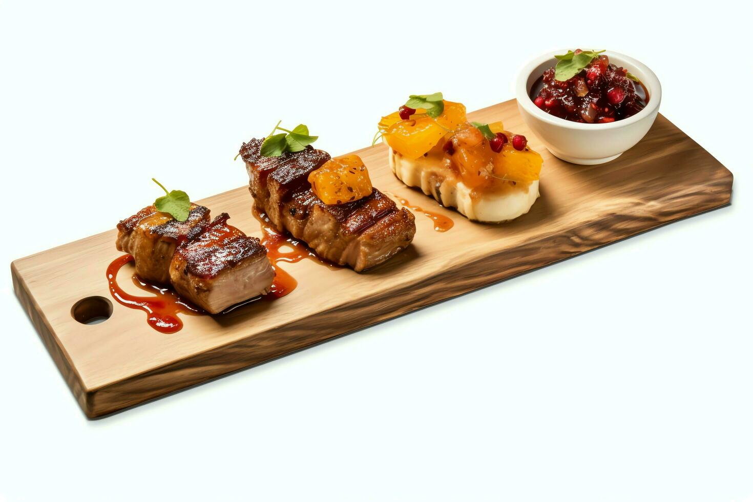 Pork belly braaivleis with mango and chili sauce served on a wooden plank. Restaurant food concept by AI Generated photo