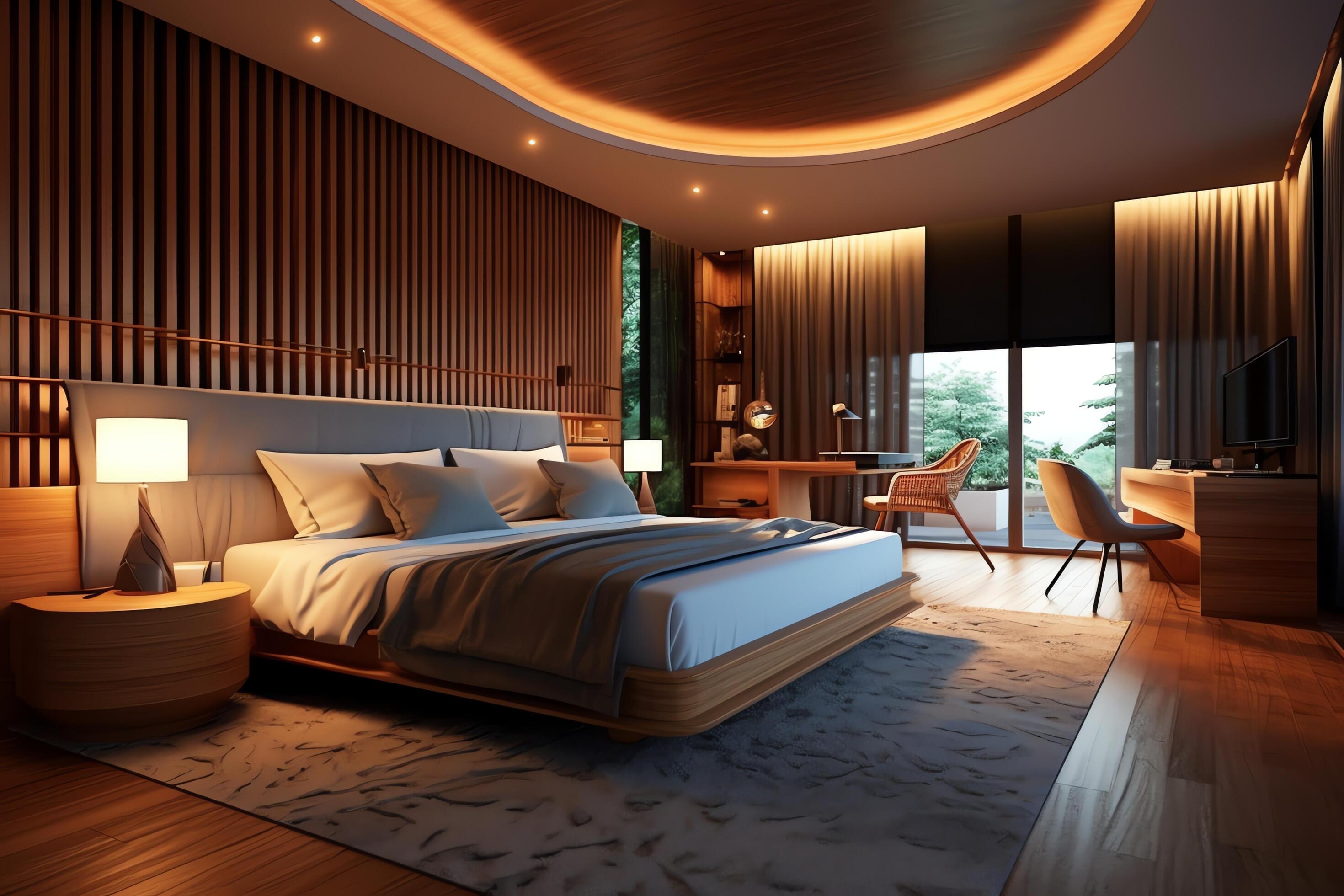 Modern bedroom interior design in apartment or house with furniture