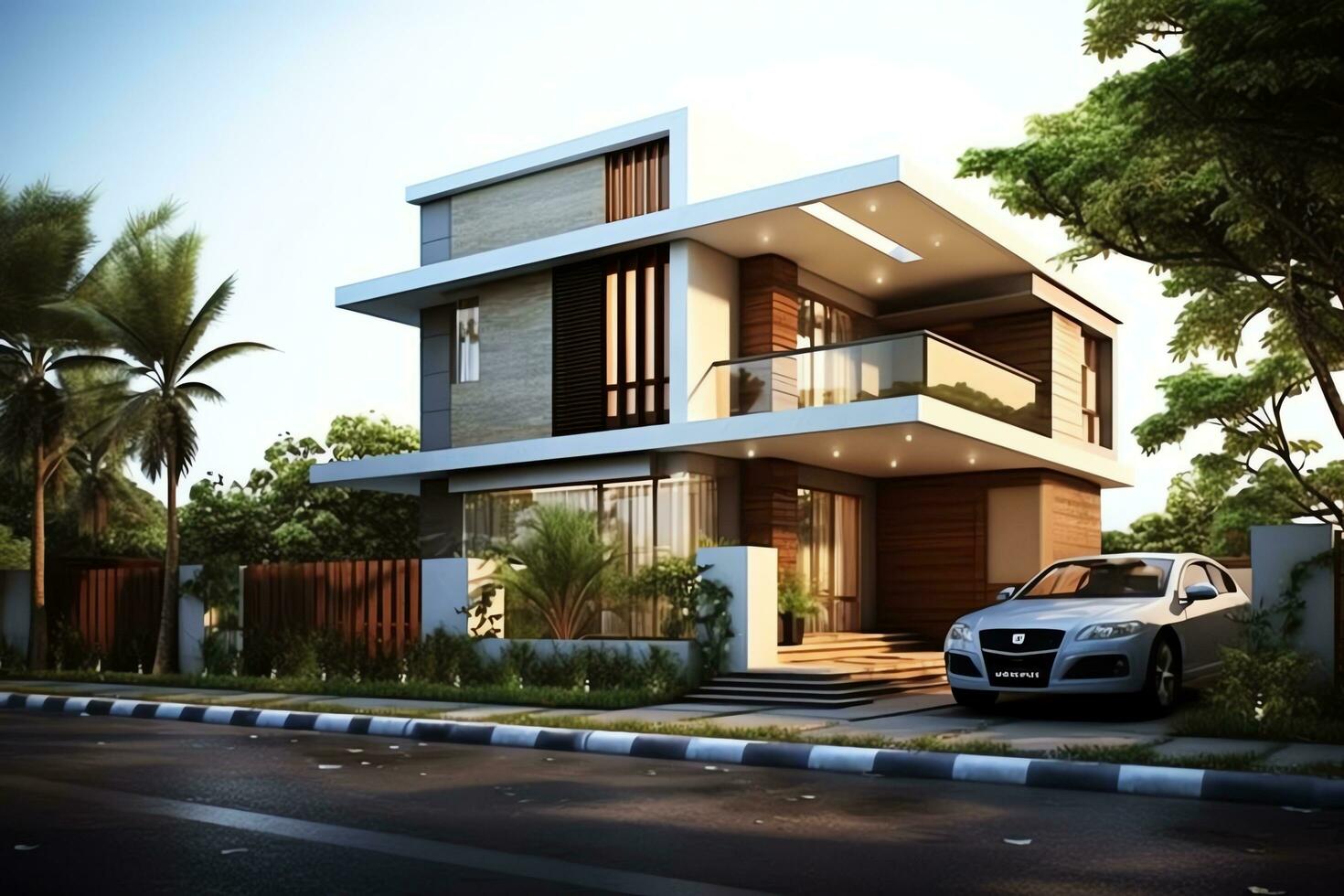 Beautiful modern house exterior with carport. Modern residential district and minimalist building concept by AI Generated photo