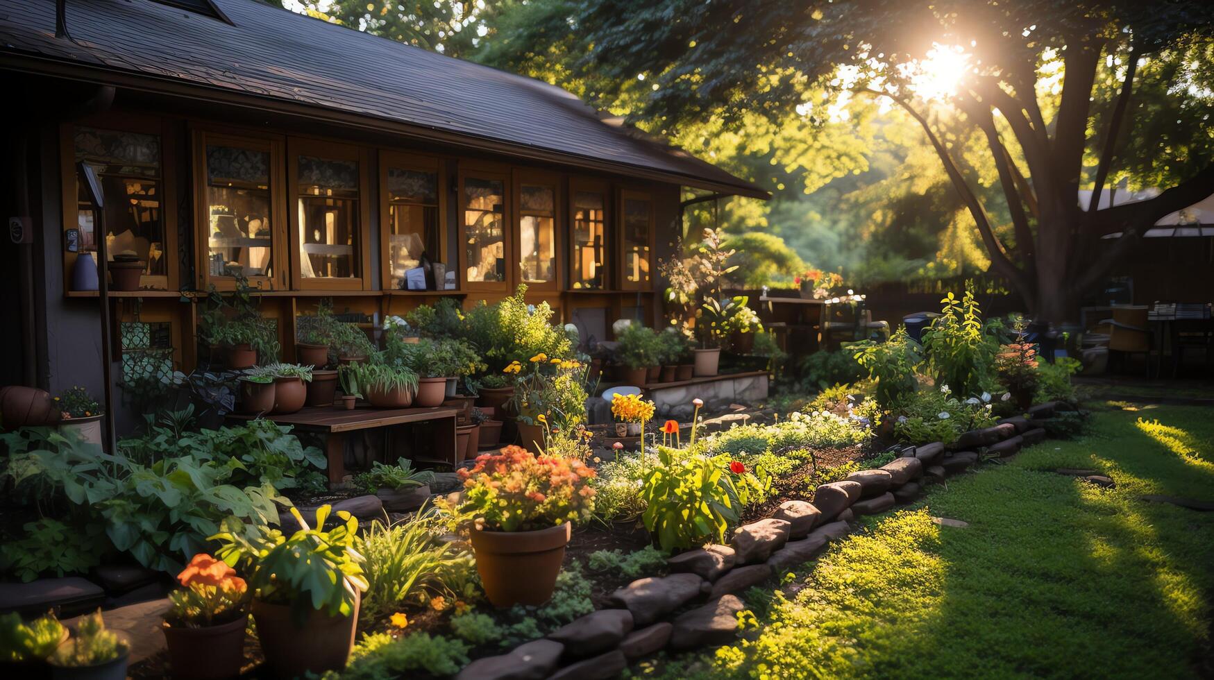 Wooden house in village with plants and flowers in backyard garden. Garden and flower on rural house concept by AI Generated photo