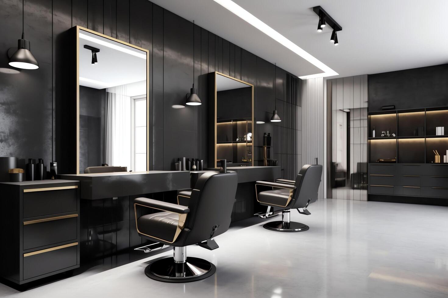 Modern barbershop interior with mirrors chair and other equipment near windows. Chairs in barbershop concept by AI Generated photo