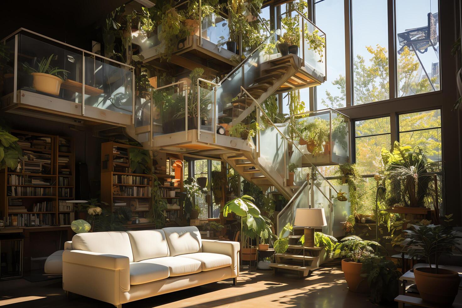 Garden or giant plant overgrowing of apartment inside. Style of living room design with green wallconcept by AI Generated photo