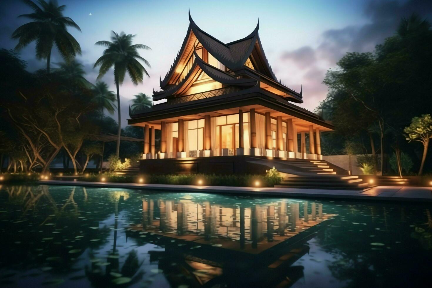 Thai balinese luxury villa with infinity swimming pool. A tropical garden in ubud bali indonesia concept by AI Generated photo