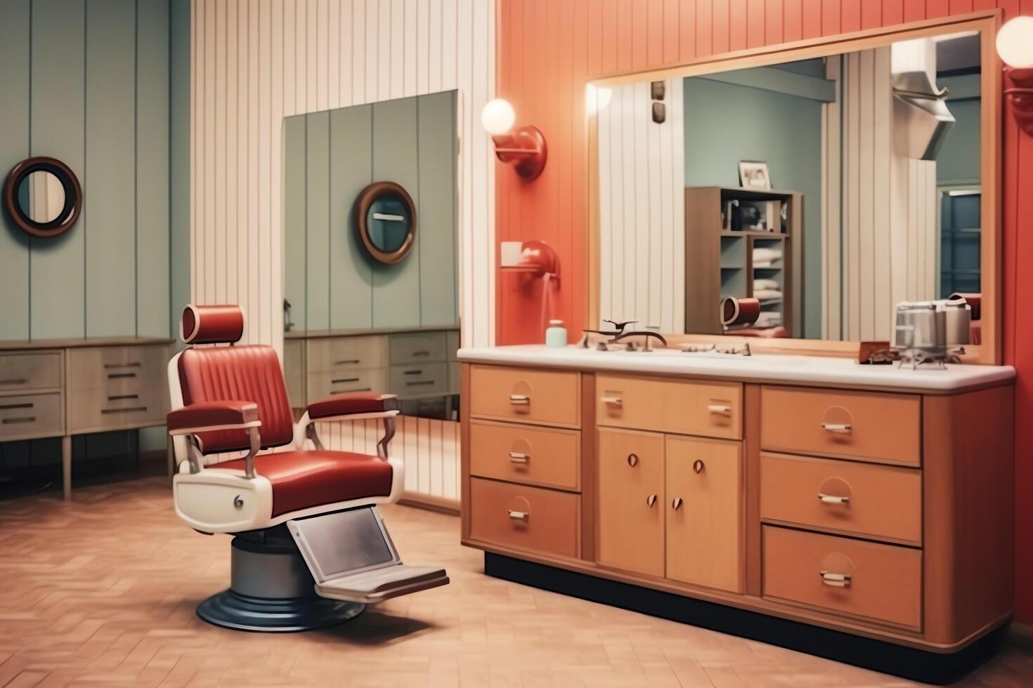 Modern barbershop interior with mirrors chair and other equipment near windows. Chairs in barbershop concept by photo