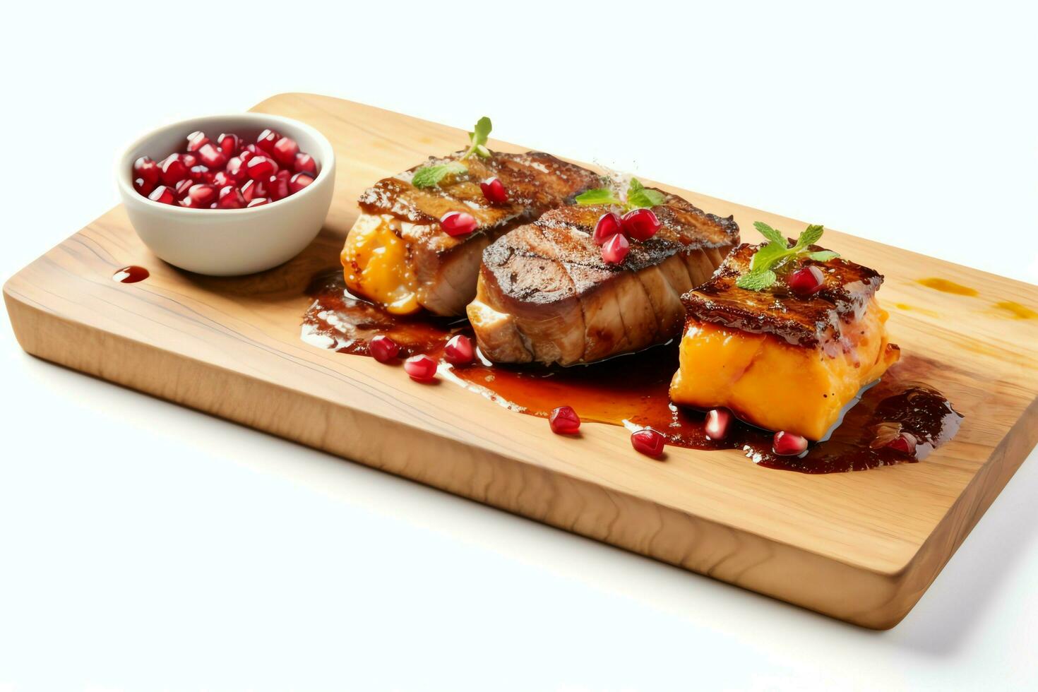Pork belly braaivleis with mango and chili sauce served on a wooden plank. Restaurant food concept by AI Generated photo