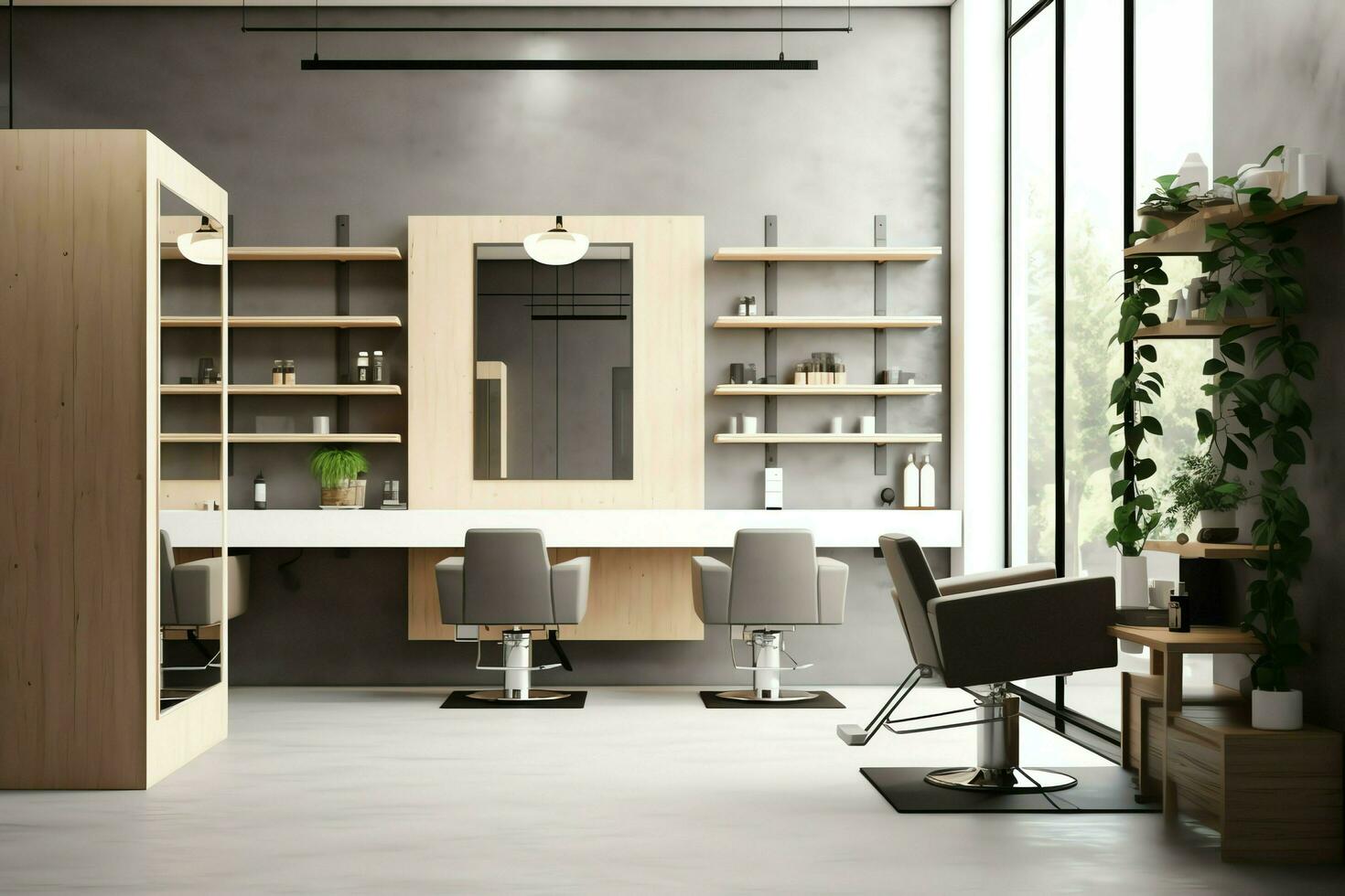 Modern barbershop interior with mirrors chair and other equipment near windows. Chairs in barbershop concept by AI Generated photo